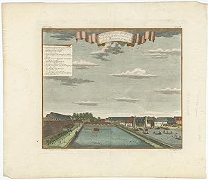 Antique Coloured Print with a View of the Parel Bastion (Batavia) by J.W. Heijdt (1738)