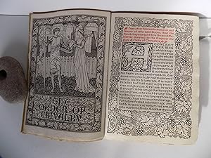 Seller image for The Order of Chivalry (The Book of the Ordre of Chyvalry or Knyghthode, translated from the French by William Caxton. L'Ordene de Chevalerie, translated from the French by William Morris. With "Memoranda concerning the two pieces here reprinted" by F. S. E[llis].) With woodcut frontispiece, illustrated title, initials and two printer's devices / Mit gestochenem Frontispiz von Edward Burne-Jones, Titelrahmen und Initialen sowie 2 Druckermarken in Holzschnitt. for sale by Antiquariat Rolf Bulang