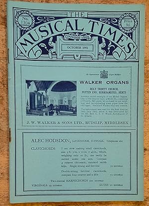 Imagen del vendedor de The Musical Times And Singing-Class Circular October 1951 Vol 92. No 1304. / The Central Music Library, Buckingham Palace Road,London (8 page article) / Hubert Foss "Constant Lambert 23 August 1905 - 21 August 1951" obituary / Frank Walker "Verdi and Vienna - with some unpublished letters" / Adolf Aber "Tradition and Revolution at Bayreuth" / The Birmingham Congress of the Incorporated Association of Organists" / W R Anderson "The Edinburgh Festival" / Joseph E Potts "Orchestral Concerts in Paris" a la venta por Shore Books