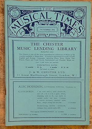 Immagine del venditore per The Musical Times November 1951 Vol 92. No 1305. / Charles Rigby "The Free Trade Hall" / Stainton de B Taylor "Charles Kennedy Scott" / Hubert Foss "Cecil Gray, 1895-1951" obituary / Richard Capell "Stravinsky's Opera -The Rake's Progress" / Adolf Aber "Fritz Busch, 1890-1951" obituary / W R Anderson "Round about Radio" / Robert L Jacobs "The Conservatism of the Public" / J Eric Hunt "The Organ In Attingham Park, Shropshire" / The Three Choirs Festival, Worcester / The Birmingham Festival / The Swansea Festival / The Salzburg Fesrival / The Bremen Bach Festival venduto da Shore Books