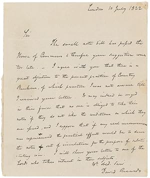 Bild des Verkufers fr Autograph letter signed, discussing the problem of small bank notes issued by country bankers, to Thomas Joplin [?]. zum Verkauf von Kotte Autographs GmbH