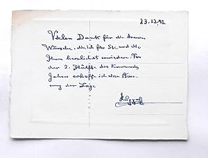 Eigenhändige Postkarte mit achtzeiligem Text in Tinte mit Unterschrift, datiert 23.XII.1942.