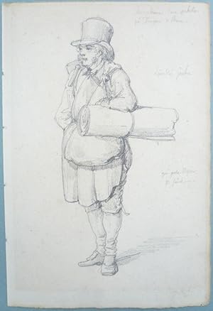 Seller image for Elegant gekleideter Herr als Ganzfigur mit umgehngter Rolle. Bleistift. for sale by Antiquariat Joachim Lhrs