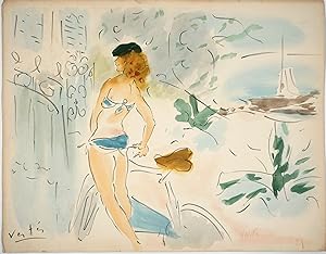 Woman in bikini with bicycle. Chromolithograph