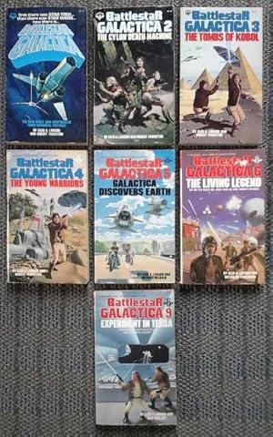 Seller image for BATTLESTAR GALACTICA 1, 2, 3, 4, 5, 6, 9. 1. BATTLESTAR GALACTICA / 2. THE CYLON DEATH MACHINE / 3. THE TOMBS OF KOBOL / 4. THE YOUNG WARRIORS / 5. GALACTICA DISCOVERS EARTH / 6. THE LIVING LEGEND / 9. EXPERIMENT IN TERRA. 7 VOLUMES. for sale by Capricorn Books