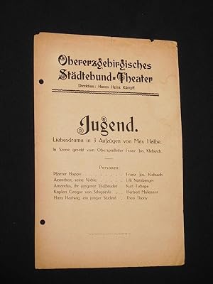 Bild des Verkufers fr Programmzettel Obererzgebirgisches Stdtebund-Theater Annaberg um 1925. JUGEND von Max Halbe. Insz.: Franz Jos. Klebusch. Mit Lilli Nrnberger, Kurt Tschepe, Herbert Molenaar, Theo Thony und Franz Jos. Klebusch zum Verkauf von Fast alles Theater! Antiquariat fr die darstellenden Knste