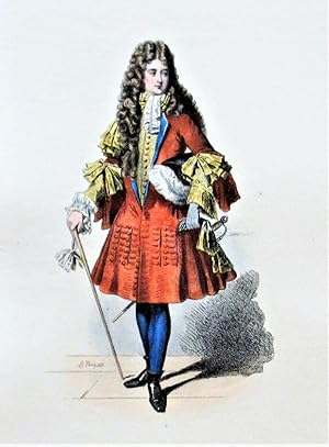 Antique Color Lithograph. Chevalier a la Mode Regne De Louis XIV D'apres Bonart 1700