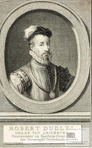 Bild des Verkufers fr Robert Dudley, Graaf van Leicester, Gouverneur en Kapitain-Generaal der Vereenigde Nederlanden. Halbfigur mit Hut und Orden am Band im Oval. Kupferstich von Houbraken um 1760 zum Verkauf von historicArt Antiquariat & Kunsthandlung