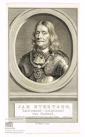 Jan Evertsen, Luitenant-Admiraal van Zeeland. Brustbild in Rüstung mit Orden am Band im Oval. Kup...