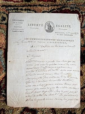 1799 REVOLUTIONARY FRANCE HANDWRITTEN SIGNED OFFICIAL LETTER Canton De Heudicourt