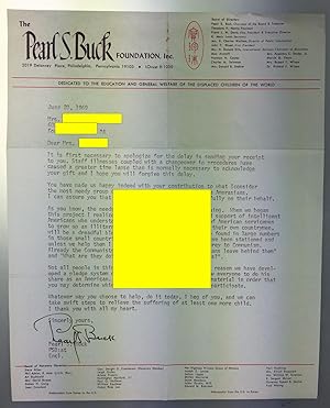 Seller image for Typed Letter Signed (TSL) by Pearl S. Buck, on Letterhead of the Pearl S. Buck Foundation, Dated June 20, 1969 for sale by Chinese Art Books