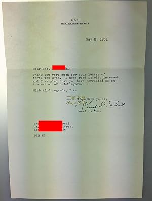 Seller image for Typed Letter Signed (TSL) by Pearl S. Buck, with Envelope, Dated May 8, 1961 for sale by Chinese Art Books