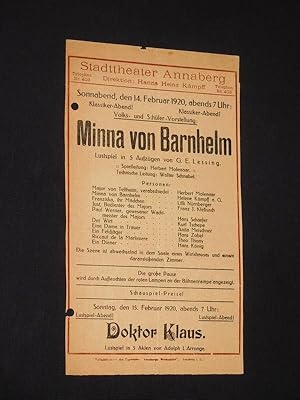 Bild des Verkufers fr Programm/ Aushangzettel Stadttheater Annaberg 1920. MINNA VON BARNHELM von Lessing. Spielleitung: Herbert Molenaar, techn. Ltg.: Walter Schnabel. Mit Helene Kmpf (Minna), Herbert Molenaar (Tellheim), Lilli Nrnberger, Franz J. Klebusch, Hans Schaefer, Kurt Tschepe, Anita Meischner, Hans Zobel, Theo Thony, Hans Knig zum Verkauf von Fast alles Theater! Antiquariat fr die darstellenden Knste