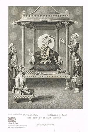 Imagen del vendedor de Schach Dschihan und sein Sohn Dara Schikoh. Stahlstich um 1850 a la venta por historicArt Antiquariat & Kunsthandlung