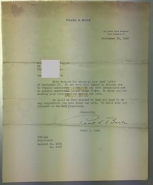 Seller image for Typed Letter Signed (TSL) by Pearl S. Buck, Dated September 23, 1943 for sale by Chinese Art Books