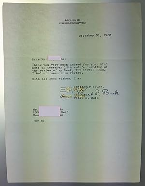 Seller image for Typed Letter Signed (TSL) by Pearl S. Buck, Dated December 31, 1963 for sale by Chinese Art Books