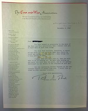 Seller image for Typed Letter Signed (TSL) by Pearl S. Buck, Dated December 3, 1943, on The East and West Association Letterhead for sale by Chinese Art Books