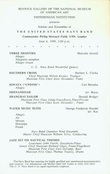 Bild des Verkufers fr Concert Program. Renwick Gallery of the National Museum of American Art, Smithsonian Institution Presents Soloists and Ensembles of The United States Navy Band, Commander Philip Howard Field, USN, Leader. June 4, 1989. zum Verkauf von Wittenborn Art Books