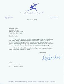 TLS Rae Sanchini to Herb Yellin, January 16, 1998. RE: followup letter reply to Yellin, who had w...