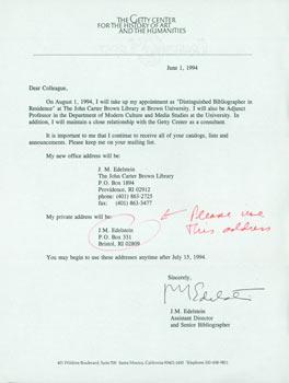 Immagine del venditore per TLS form letter J. M. Edelstein to Herb Yellin (addressed as "Colleague"), June 1, 1994. RE: Edelstein's new position as Bibliographer at Brown. With personal MS note to Yellin inked in margin. venduto da Wittenborn Art Books