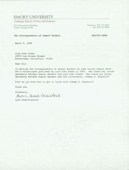 Bild des Verkufers fr TLS Lynn Todd-Crawford to Herb Yellin, March 9, 1994. RE: Samuel Beckett. zum Verkauf von Wittenborn Art Books