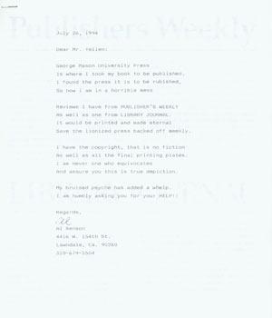 TLS Al Benson to Herb Yellin, July 26, 1994, Ross pitching his work to Yellin. Photocopy of revie...