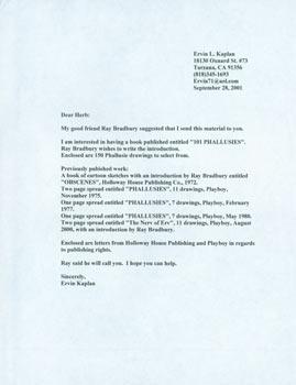 Printed letter Ervin L. Kaplan to Herb Yellin, RE: Ray Bradbury. September 28, 2001.