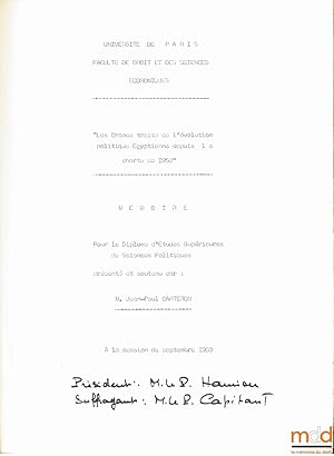 Bild des Verkufers fr LES GRANDS TRAITS DE L VOLUTION POLITIQUE GYPTIENNE DEPUIS LA CHARTE DE 1952, Mmoire de D.E.S. de sciences politiques zum Verkauf von La Memoire du Droit