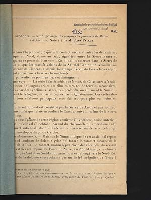 Bild des Verkufers fr Sur la gologie des confins des provinces de Murcie et d Alicante. P. Fallot, Etat de nos connaissances sur la structure des chanes btique et iberique (Livre jubilaire de ta Socit gologique de France, 1930, p. 279-305). zum Verkauf von Antiquariat Bookfarm