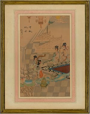 Oriental School 20th Century Watercolour - Geishas Playing Instruments
