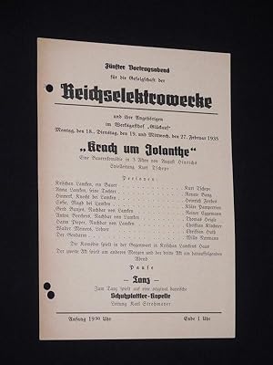 Imagen del vendedor de Programmzettel [ohne Ort] 1935. KRACH UM JOLANTHE von August Hinrichs. Spielleitung: Kurt Tschepe. Mit Renate Bang, Heinrich Forbes, Klre Pamperrien, Reiner Eggemann, Thomas Heigle, Christian Kirchner, Christian Huth, Willy Normann, Kurt Tschepe a la venta por Fast alles Theater! Antiquariat fr die darstellenden Knste