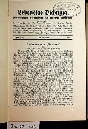 Lebendige Dichtung. Österreichisches Monatshefte für Deutsches Schrifttum 2. Jahrgang 12 Hefte ko...