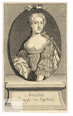 Amalia Prinzessin von Engelland. Halbfigur im Nerz im Oval. Kupferstich um 1720