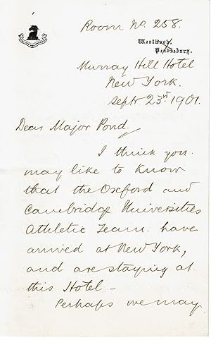 Immagine del venditore per AUTOGRAPH LETTER TO MAJOR POND OF THE POND LECTURE BUREAU SIGNED BY BRITISH CONSERVATIVE MEMBER OF PARLIAMENT LEES KNOWLES, 1ST BARONET. venduto da Blue Mountain Books & Manuscripts, Ltd.