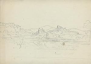 Bild des Verkufers fr Blick von erhhtem Standpunkt auf ein Flutal, gesumt von Bergen; darber Bleistiftskizze einer Landschaft, um 1846. zum Verkauf von Galerie Joseph Fach GmbH