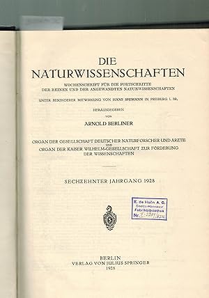 Bild des Verkufers fr Die Naturwissenschaften 16.Jahrgang 1928 zum Verkauf von Clivia Mueller