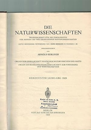 Bild des Verkufers fr Die Naturwissenschaften 17.Jahrgang 1929 zum Verkauf von Clivia Mueller