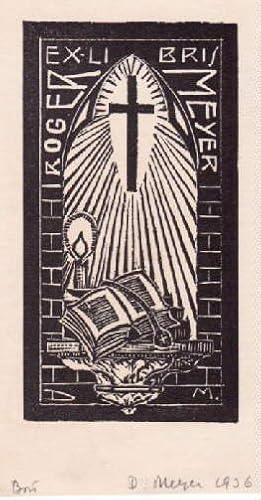 Bild des Verkufers fr Exlibris fr Roger Meyer. Holzschnitt von D.Meyer, unten rechts und signiert. zum Verkauf von Antiquariat Heinz Tessin