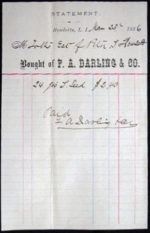 Seller image for 1886 Manuscript & Printed Statement Bought of F.A. Darling & Co., Hewletts, Long Island New York for sale by Certain Books, ABAA