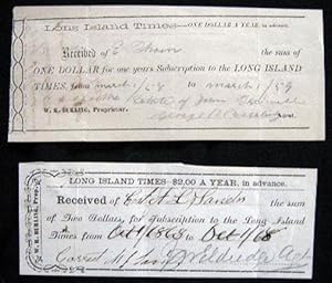 Seller image for 1858 & 1868 Manuscript Subscription Receipts for the Long Island Times, W.R. Burling Prop. Long Island New York for sale by Certain Books, ABAA