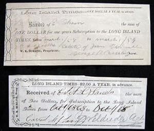 Bild des Verkufers fr 1858 & 1868 Manuscript Subscription Receipts for the Long Island Times, W.R. Burling Prop. Long Island New York zum Verkauf von Certain Books, ABAA