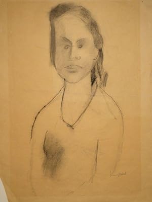 Weibliches Halbportrait. Kohlezeichnung. Unten rechts in Bleistift signiert. 53 : 26,5 cm auf gla...