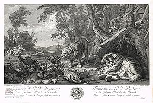 Löwenjagd in Landschaft mit wilden Tieren. Kupferstich von Johann Elias Ridinger nach einem versc...