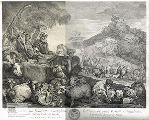 Image du vendeur pour Jakobs Heimzug. Groer Kupferstich von Aveline nach Giovanni Benedetto Castiglione aus "Receuil d'estampes d'apres les plus clbres tableaux de la Galerie Royale de Dresde" 1757 mis en vente par historicArt Antiquariat & Kunsthandlung