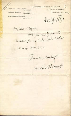 Sir Walter Besant Autograph Letter Signed on "Incorporated Society of Authors" Letterhead