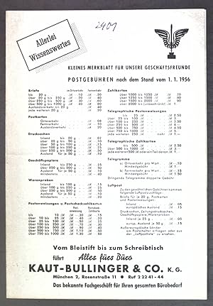 Kleines Merkblatt für unsere Geschäftsfreunde: Postgebühren nach dem Stand vom 1.1.1956; National...