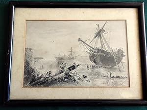 Ink & wash drawing of a shipwreck on a beach with figures.