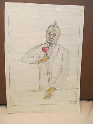Bild des Verkufers fr Mann mit Rotweinglas in der Hand. Ankolorierte signierte Original-Bleistiftzeichnung aus strkerem Papier. zum Verkauf von Antiquariat Friederichsen