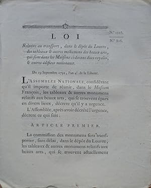 Loi relative au transport, dans le dépôt du Louvre, des tableaux & autres monuments des beaux art...