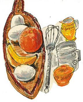 Seven ink and colored crayon drawings for "Dining in Mexico."